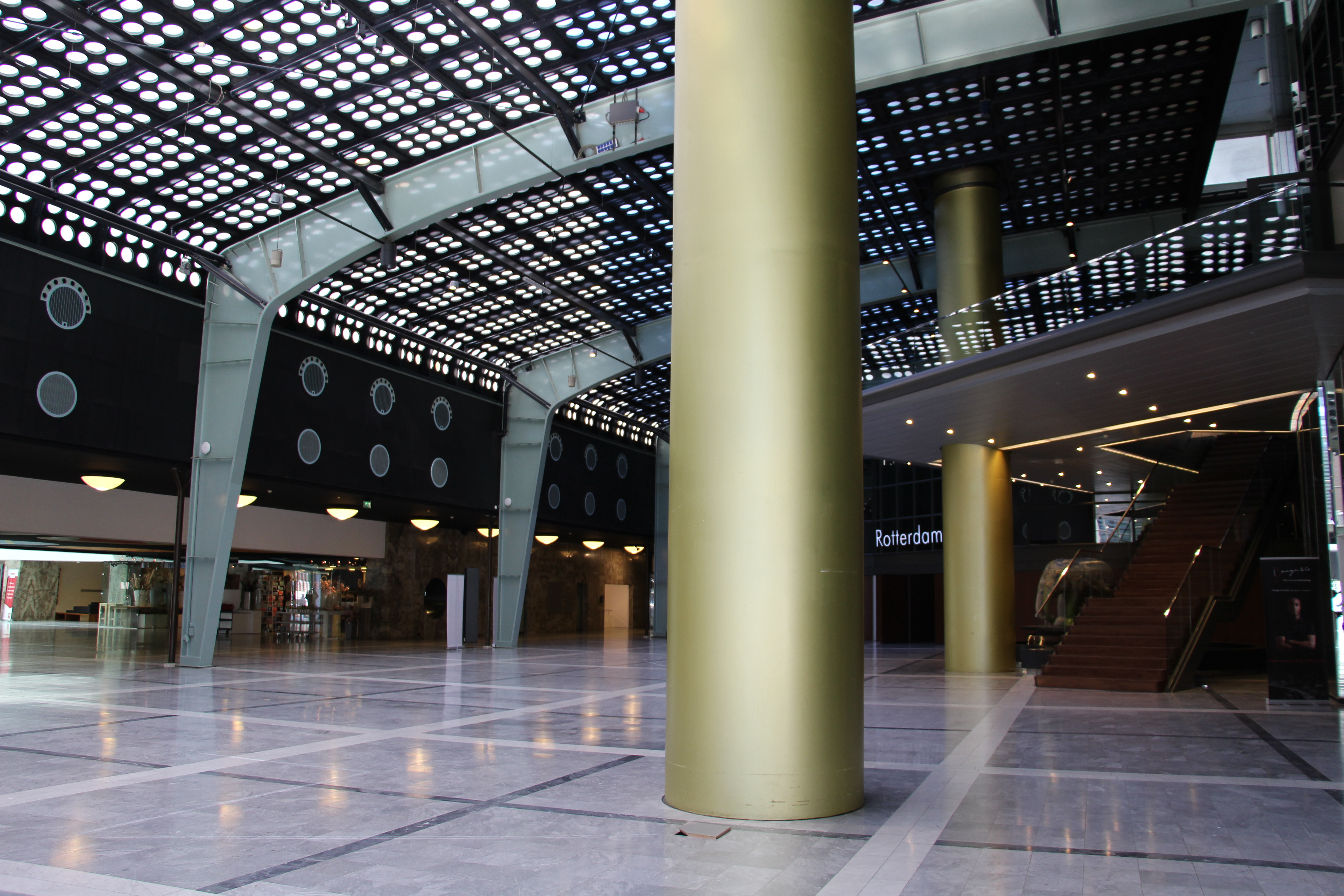 Stock exchange trading floor with price displays